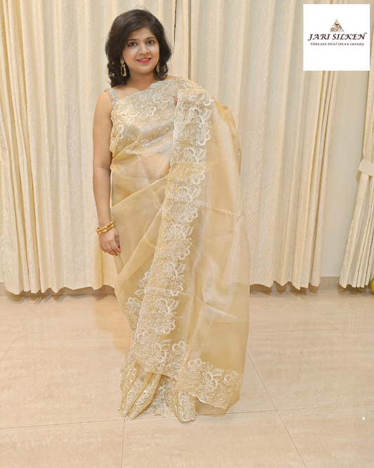 Golden Kota Tissue Embroidered Banarasi Jari Silken Saree