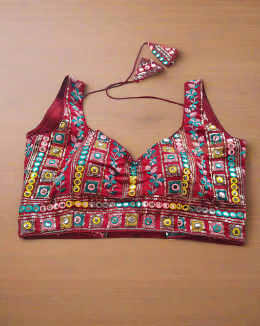 Designer Maroon Mirror Work Blouse with Multicolor Embroidery – Wedding & Festive Wear
