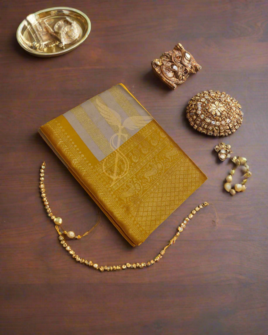 White & Gold Banarasi Jari Silken Saree with Lustrous Mustard Zari Border – Classic Temple & Festive Wear