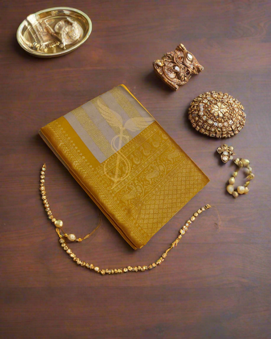 White & Gold Banarasi Jari Silken Saree with Lustrous Mustard Zari Border – Classic Temple & Festive Wear