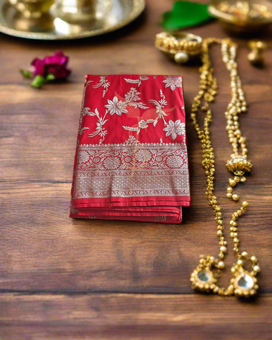 Radiant Elegance – Red Banarasi Jari Silken Saree with Semi Katan Sonarupa Weaving