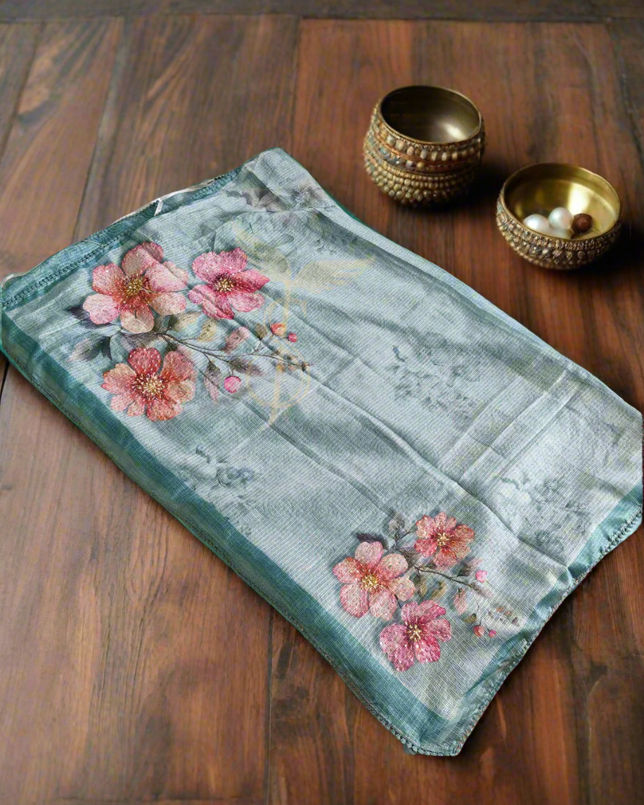 Blue Floral Katan Jari Silken Saree – A Delicate Blend of Elegance & Grace