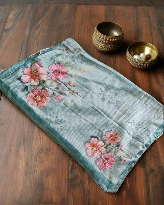 Blue Floral Katan Jari Silken Saree – A Delicate Blend of Elegance & Grace