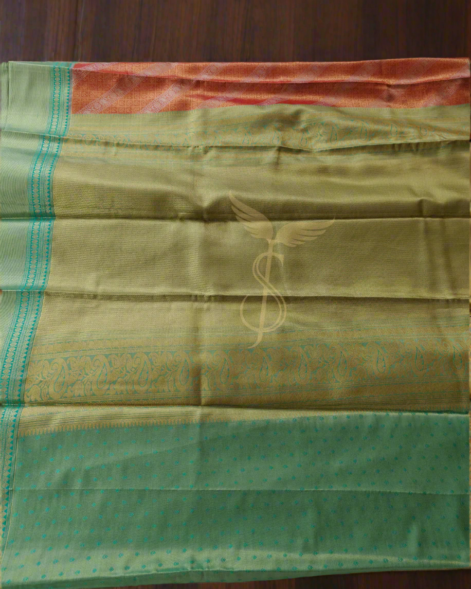 Radiant Orange & Green Kanjivaram Jari Silken Saree with Intricate Handwoven Zari Work