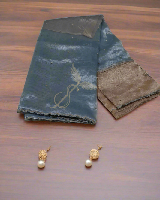 Ethereal Elegance – Blue & Gold Banarasi Jari Silken Saree in Glass Tissue with Embroidery