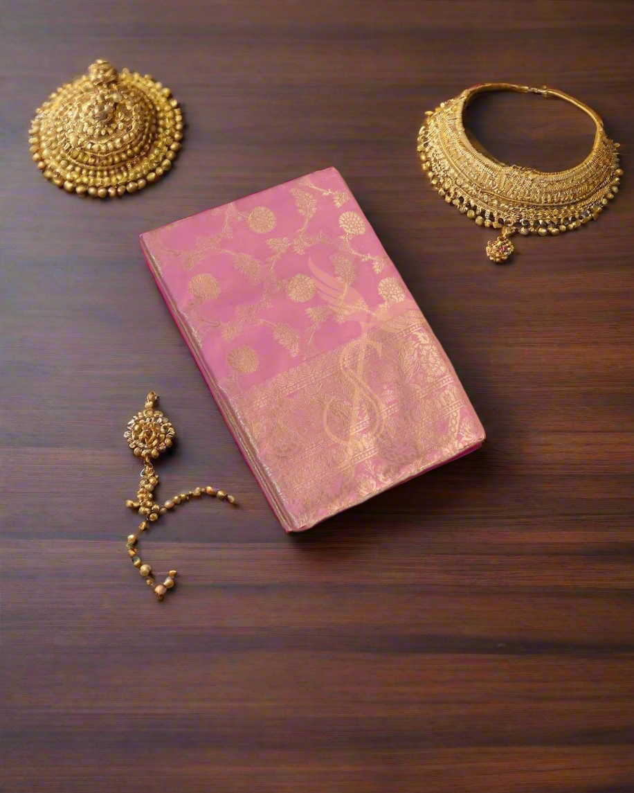 Graceful Pink Banarasi Silk Saree with All-Over Zari Weaving & Rich Pallu