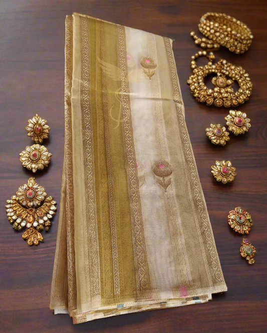 white Gold stripes Tissue Banarasi Jari Silken Saree