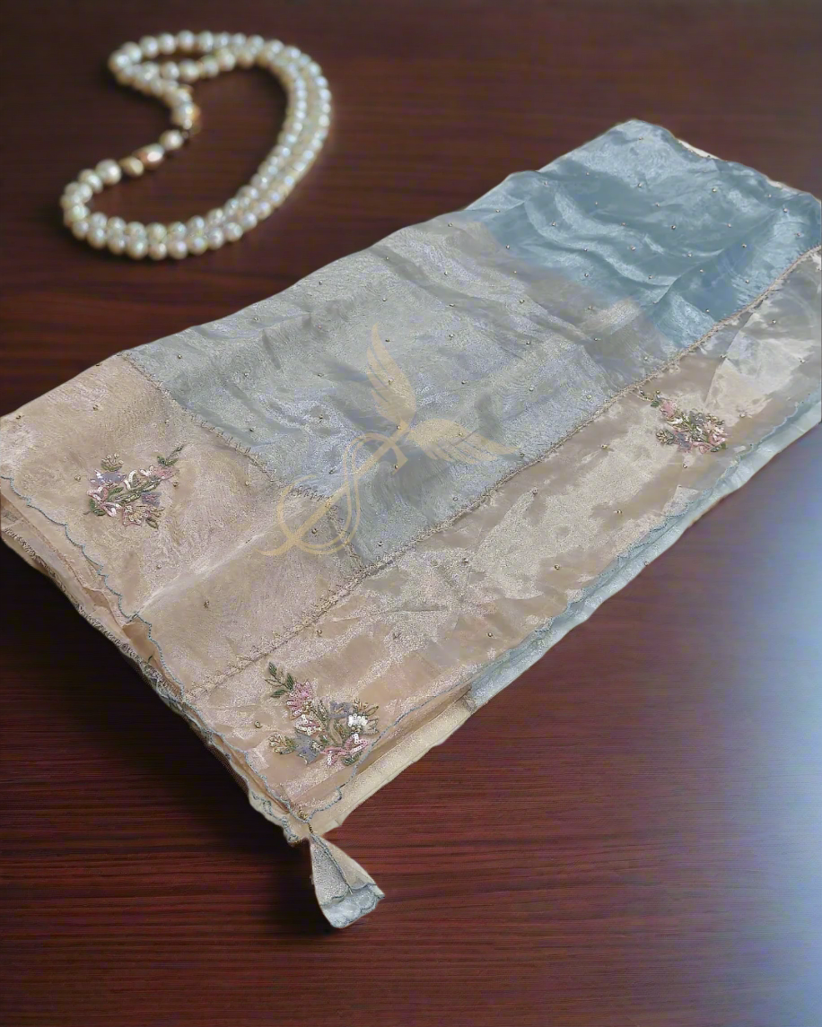 Ethereal Elegance – Blue & Gold Banarasi Jari Silken Saree in Glass Tissue with Embroidery
