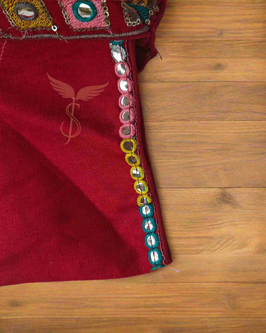 Designer Maroon Mirror Work Blouse with Multicolor Embroidery – Wedding & Festive Wear