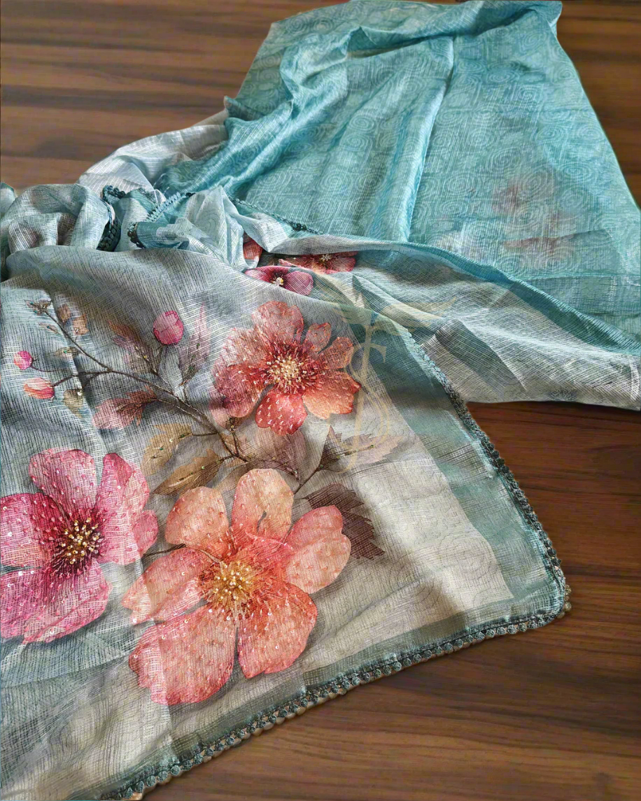 Blue Floral Katan Jari Silken Saree – A Delicate Blend of Elegance & Grace