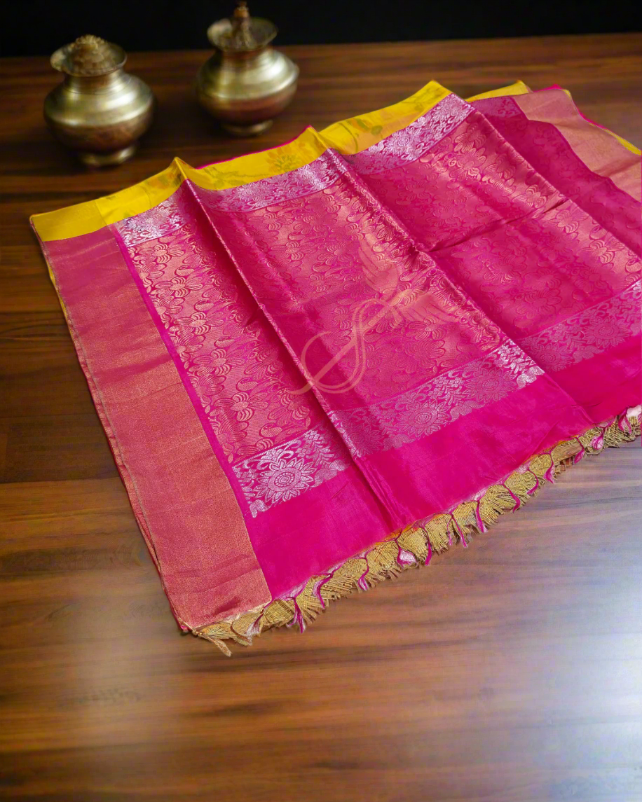 Graceful Yellow & Pink Kanjivaram Jari Silken Saree with Pochampalli Handwoven Zari Design