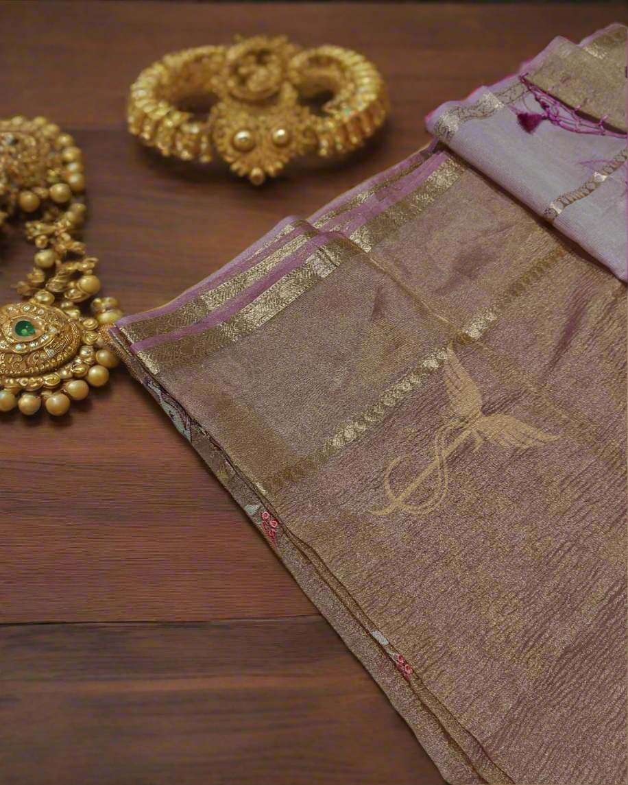Pink Banarasi Tissue Jari Silken Saree