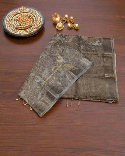 Beige-Gold Kota Tissue Jari Silken Saree – Ethereal Elegance in Every Thread