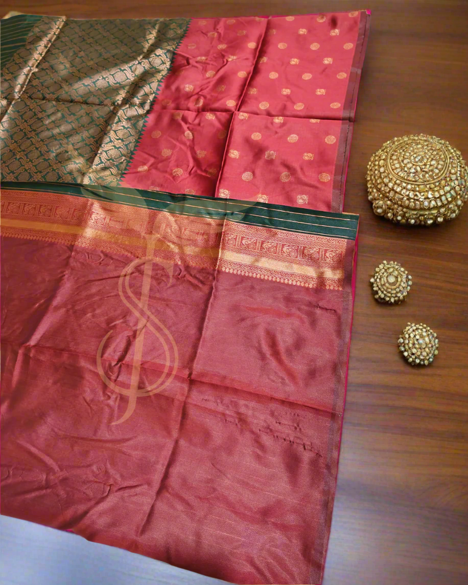 Regal Maroon Green Banarasi Jari Silken Saree with Rich Brocade & Gold Zari