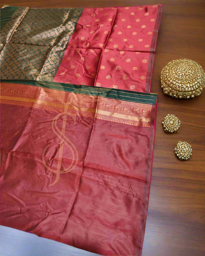 Regal Maroon Green Banarasi Jari Silken Saree with Rich Brocade & Gold Zari