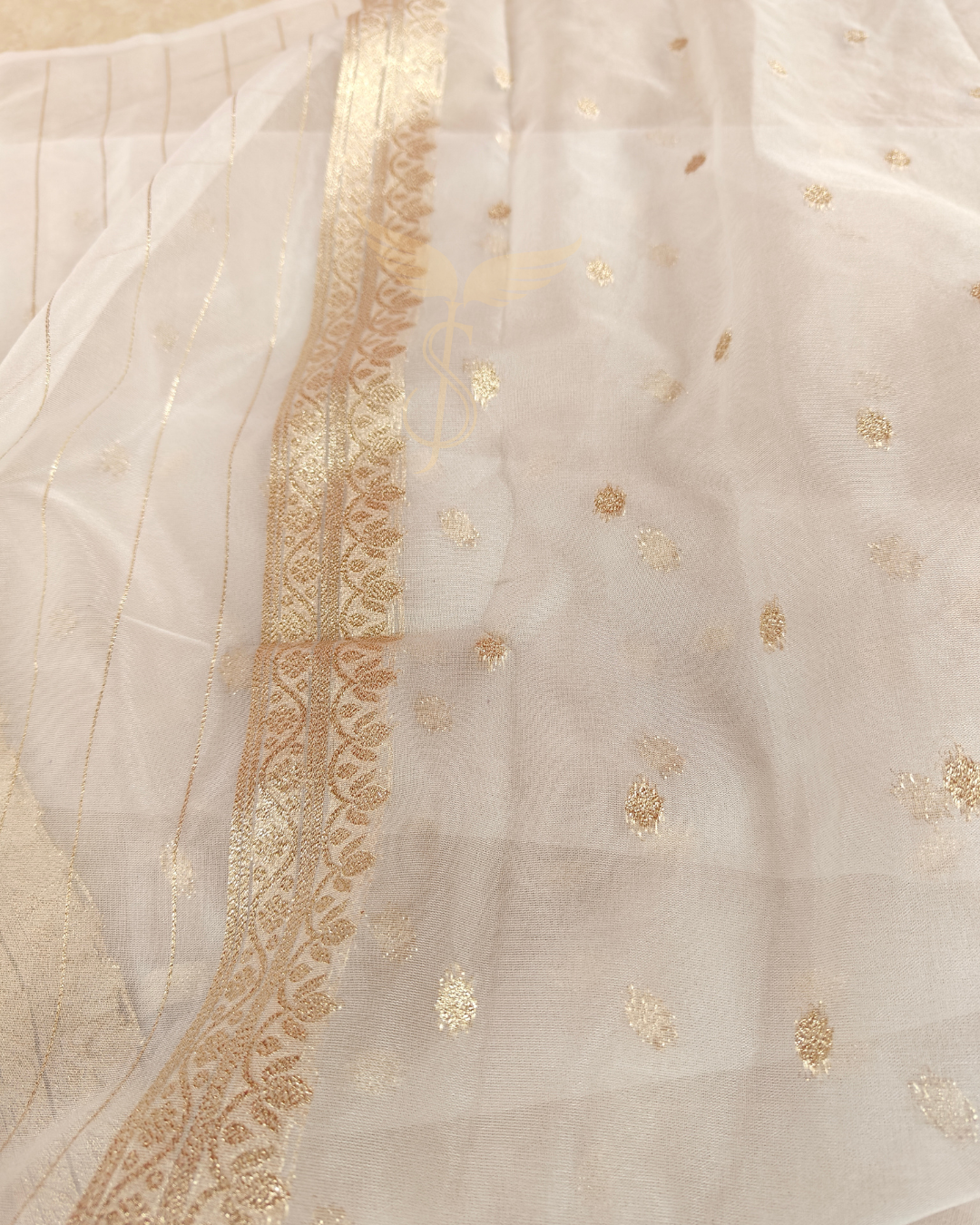 white Gold stripes Tissue Banarasi Jari Silken Saree
