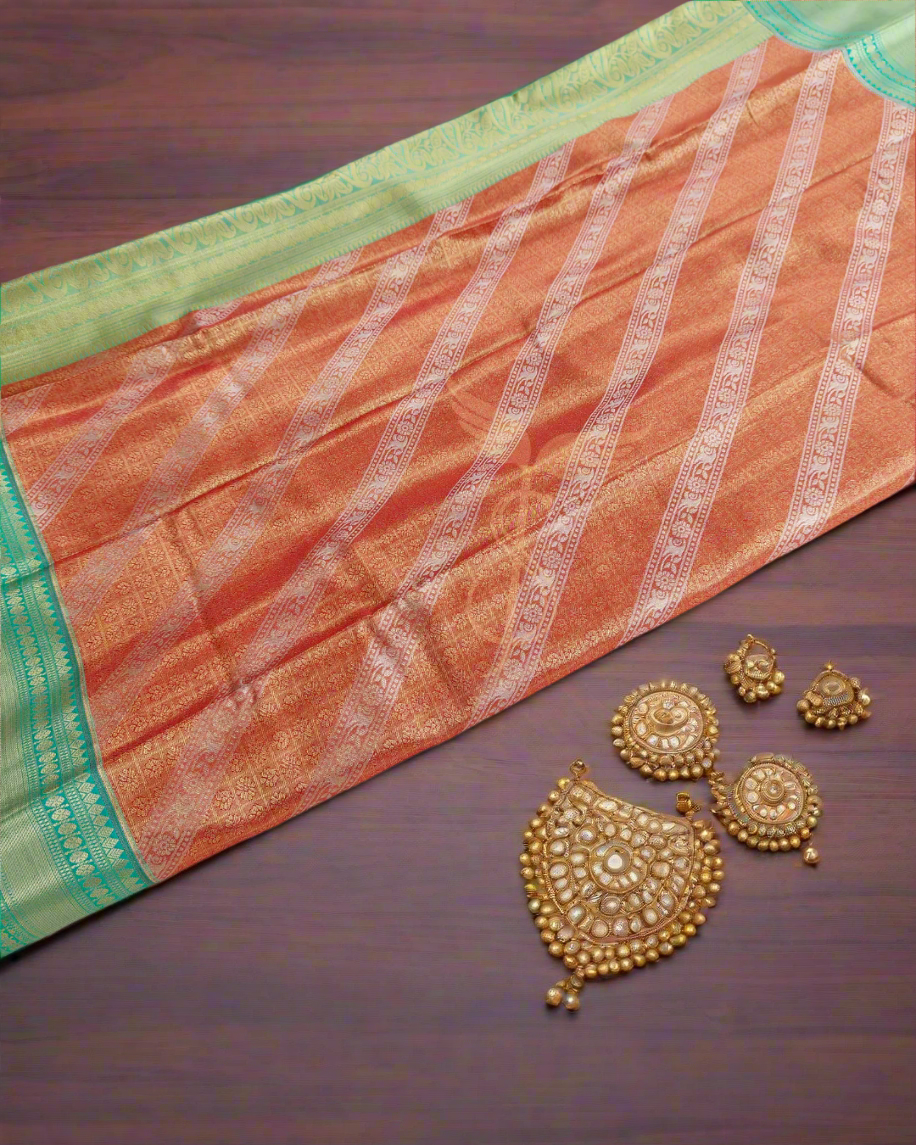 Radiant Orange & Green Kanjivaram Jari Silken Saree with Intricate Handwoven Zari Work