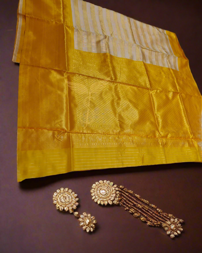 White & Gold Banarasi Jari Silken Saree with Lustrous Mustard Zari Border – Classic Temple & Festive Wear