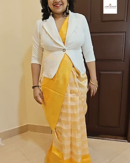 White & Gold Banarasi Jari Silken Saree with Lustrous Mustard Zari Border – Classic Temple & Festive Wear