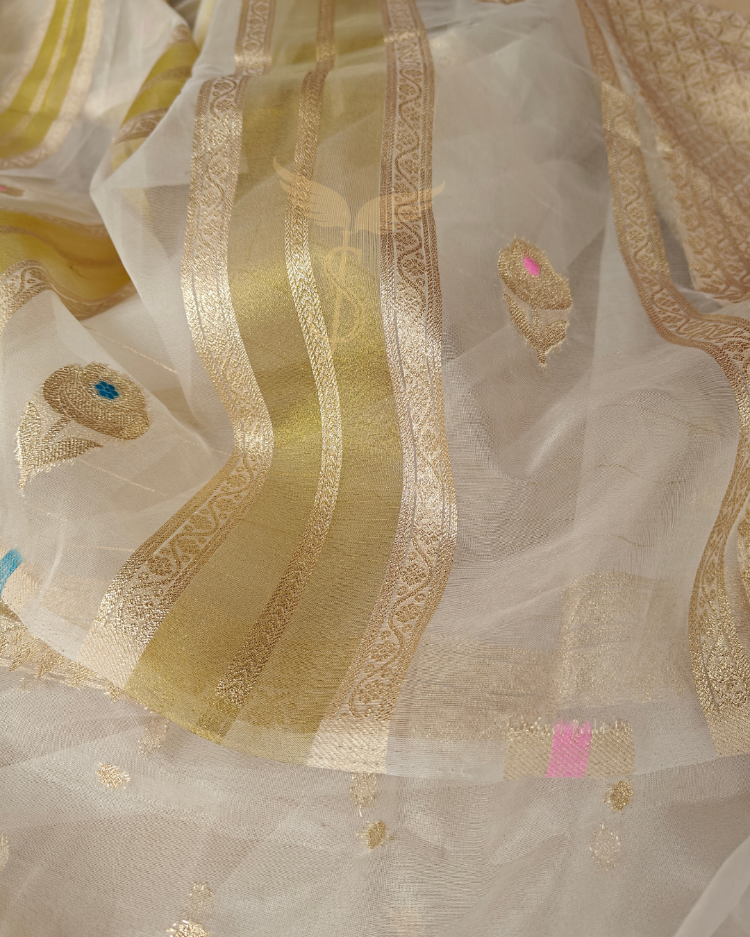 white Gold stripes Tissue Banarasi Jari Silken Saree