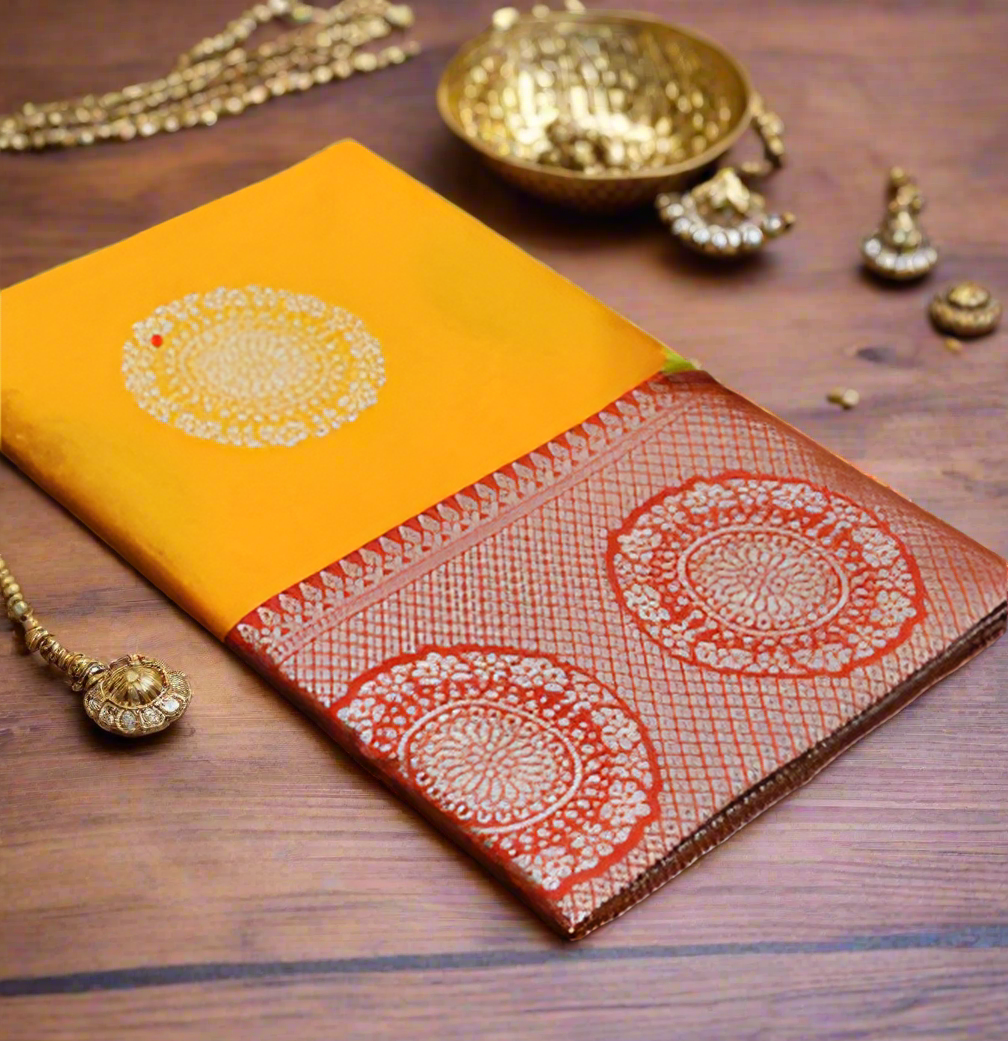 Mustard Yellow Banarasi  Jari Silken Saree with Orange Pallu & Silver Zari Buttas | Bridal & Festive Wear