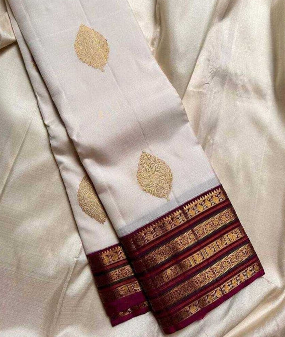 Elegant White Kanjivaram Silk Saree with Pink Jacquard Border - Jari Silken