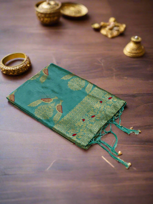 Aqua Green Banarasi Jari Silken Saree with Golden Zari & Red Blouse – Timeless Festive Attire