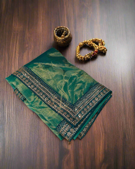 Peacock Green Tissue Banarasi Jari Silken Saree with Embroidered Turquoise Blue Blouse