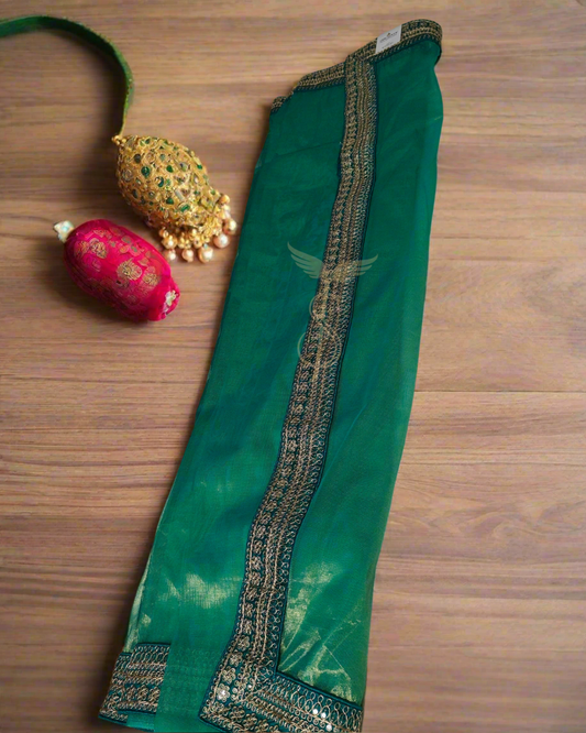 Peacock Green Tissue Banarasi Jari Silken Saree with Embroidered Turquoise Blue Blouse