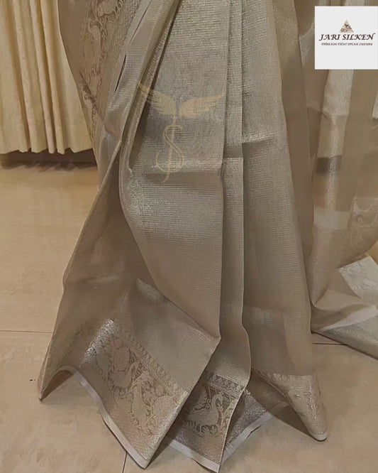 Grey Tissue Banarasi Silk Saree with Golden Zari Border – Subtle Luxury for Elegant Occasions