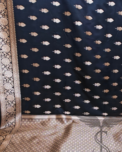 Majestic Charm – Black Banarasi Jari Silken Saree with Semi Katan Sonarupa Weaving