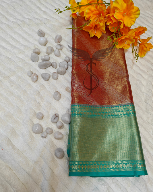 Radiant Orange & Green Kanjivaram Jari Silken Saree with Intricate Handwoven Zari Work