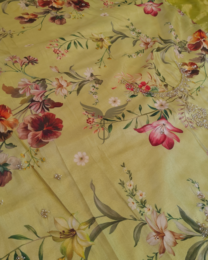 Radiant Charm – Yellow Banarasi Jari Silken Saree with Tissue Sonarupa Weaving & Floral Blouse
