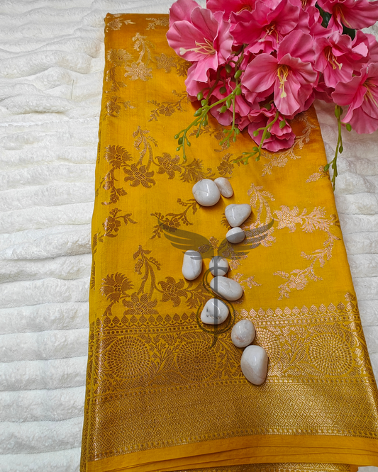 Sunlit Splendor – Yellow Banarasi Chiniya Jari Silken Saree with Gold Zari