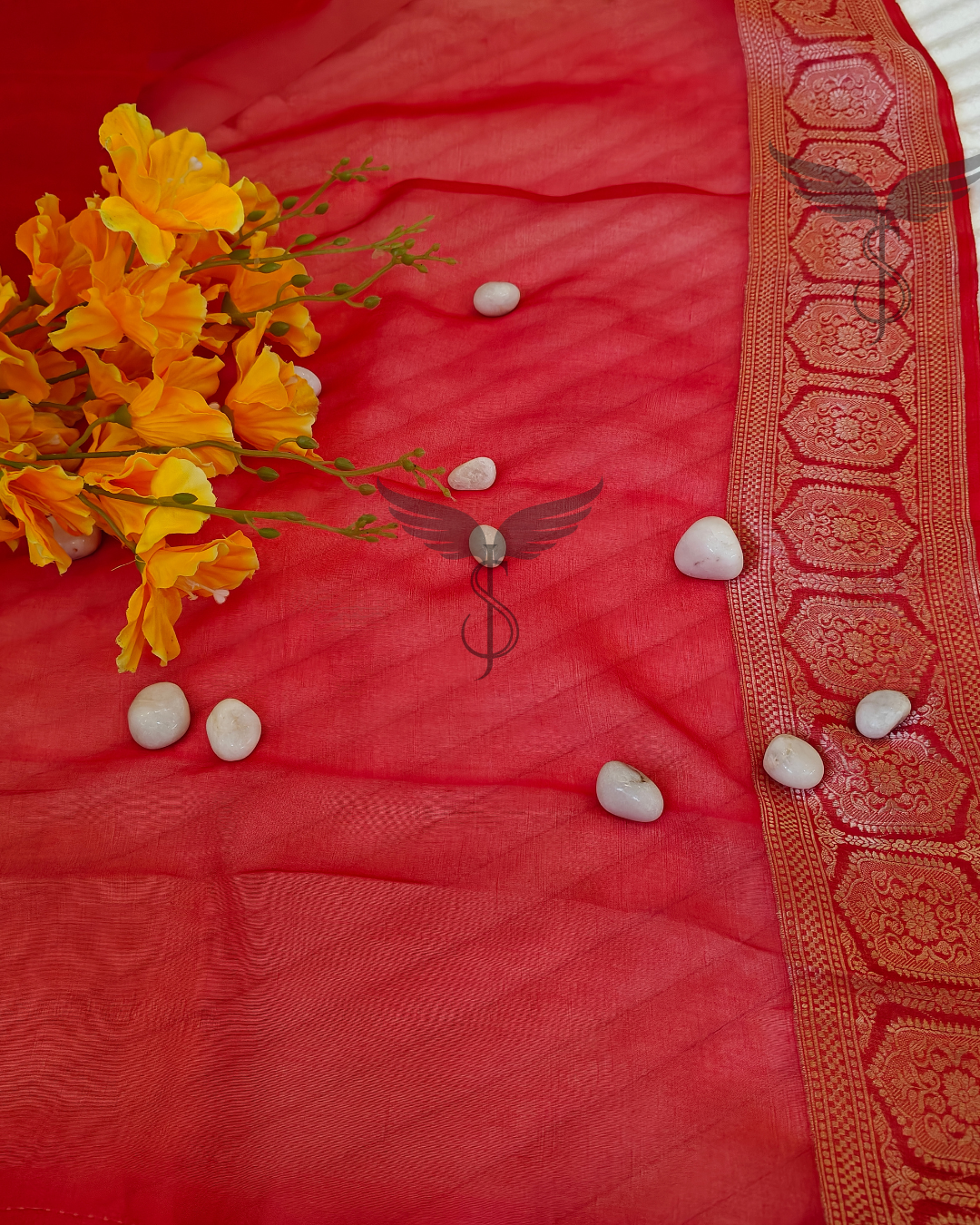 White & Red Organza Jari Silken Saree