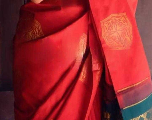Red & Bottle Green Banarasi Jari Silken Saree with Gold Zari | Bridal & Festive Wear Saree