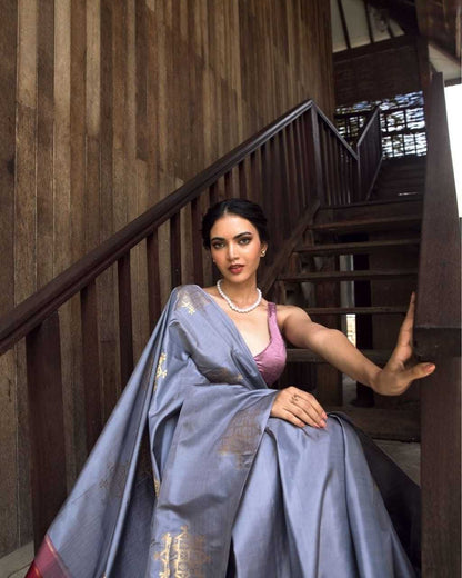 Grey  and Pinkish Pallu Soft Banarasi Jari Silken Saree with Subtle Zari Motifs
