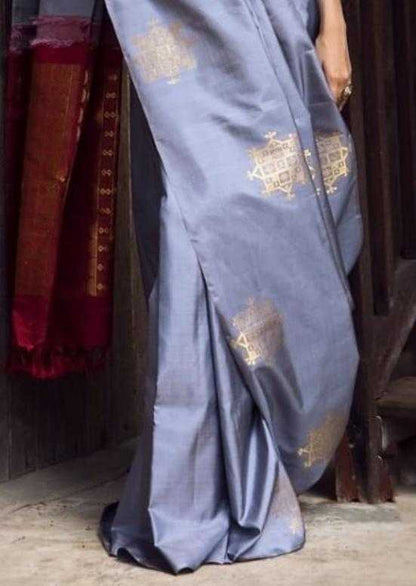 Grey  and Pinkish Pallu Soft Banarasi Jari Silken Saree with Subtle Zari Motifs