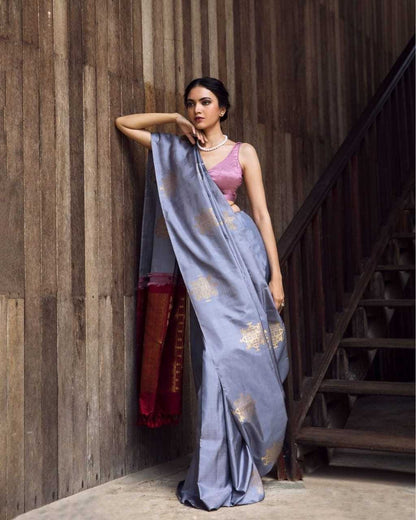 Grey  and Pinkish Pallu Soft Banarasi Jari Silken Saree with Subtle Zari Motifs