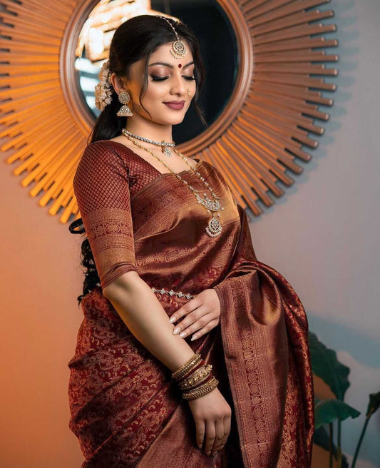 Rust Maroon Zari Woven Jari Silken Saree with Traditional Motif & Contrast Blouse
