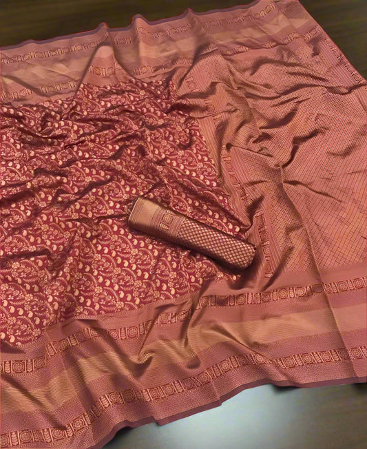Rust Maroon Zari Woven Jari Silken Saree with Traditional Motif & Contrast Blouse