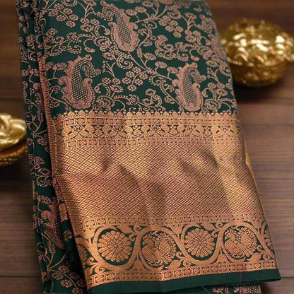 Emerald Green Kanchipuram Jari Silken Saree with Gold Zari Work – Bridal & Festive Wear