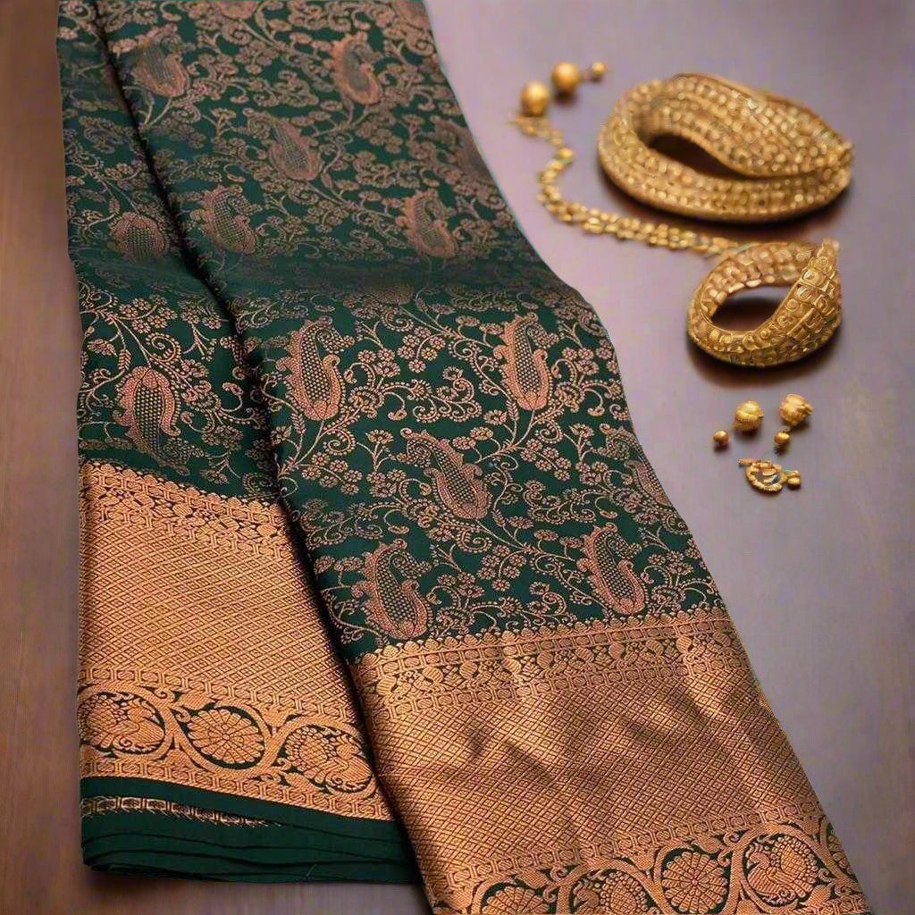 Emerald Green Kanchipuram Jari Silken Saree with Gold Zari Work – Bridal & Festive Wear