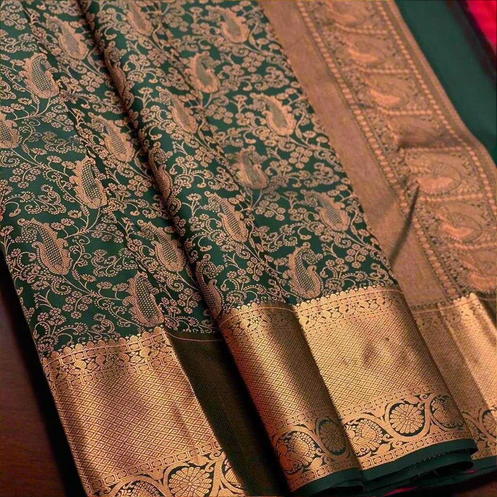Emerald Green Kanchipuram Jari Silken Saree with Gold Zari Work – Bridal & Festive Wear