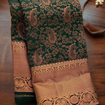 Emerald Green Kanchipuram Jari Silken Saree with Gold Zari Work – Bridal & Festive Wear