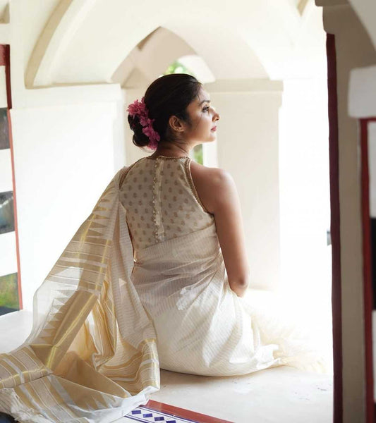 White & Gold Soft Jari Silken Saree Traditional Kerala Kasavu  – Ethnic Elegance for Festive & Temple Wear