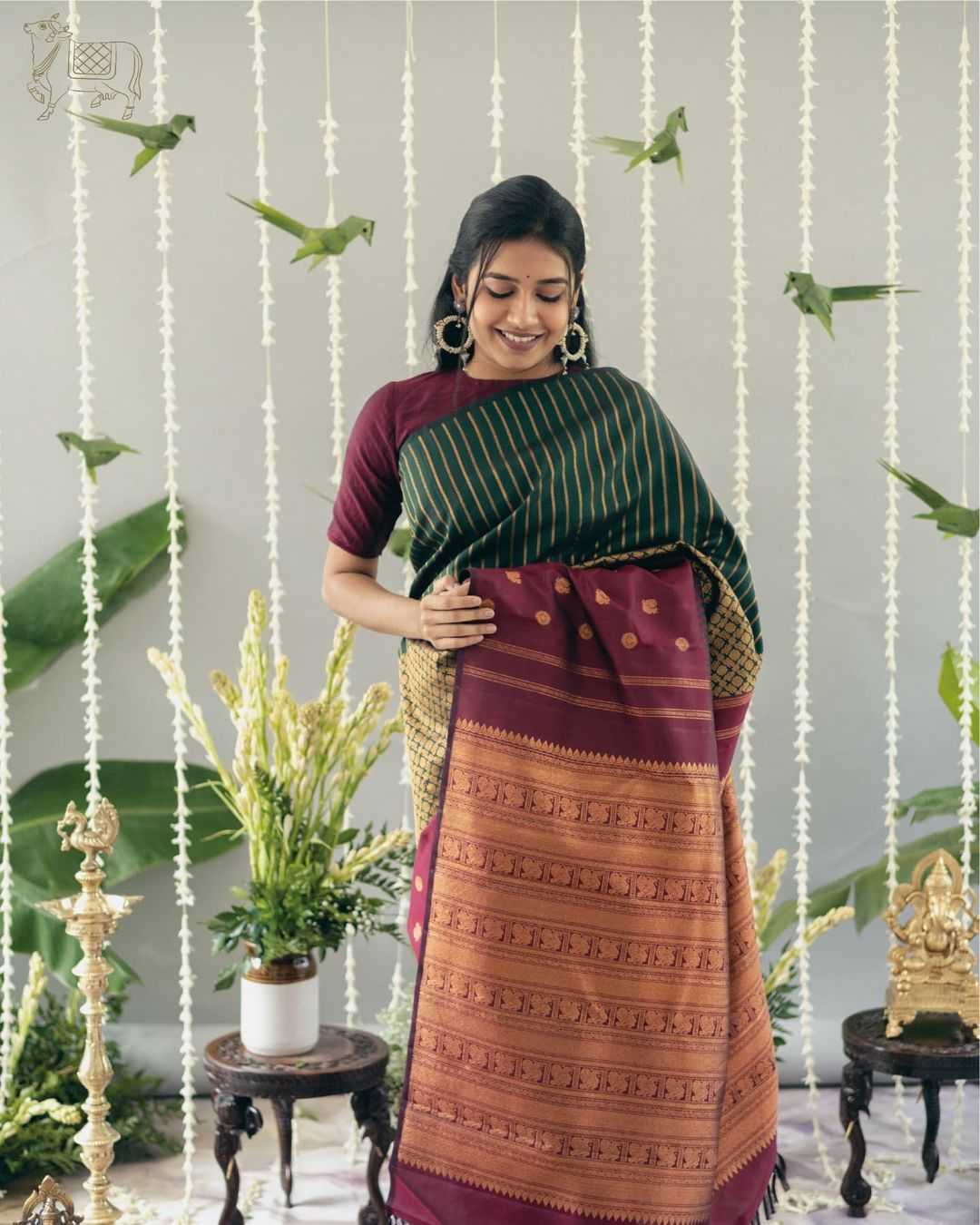 Regal Maroon Green Banarasi Jari Silken Saree with Rich Brocade & Gold Zari