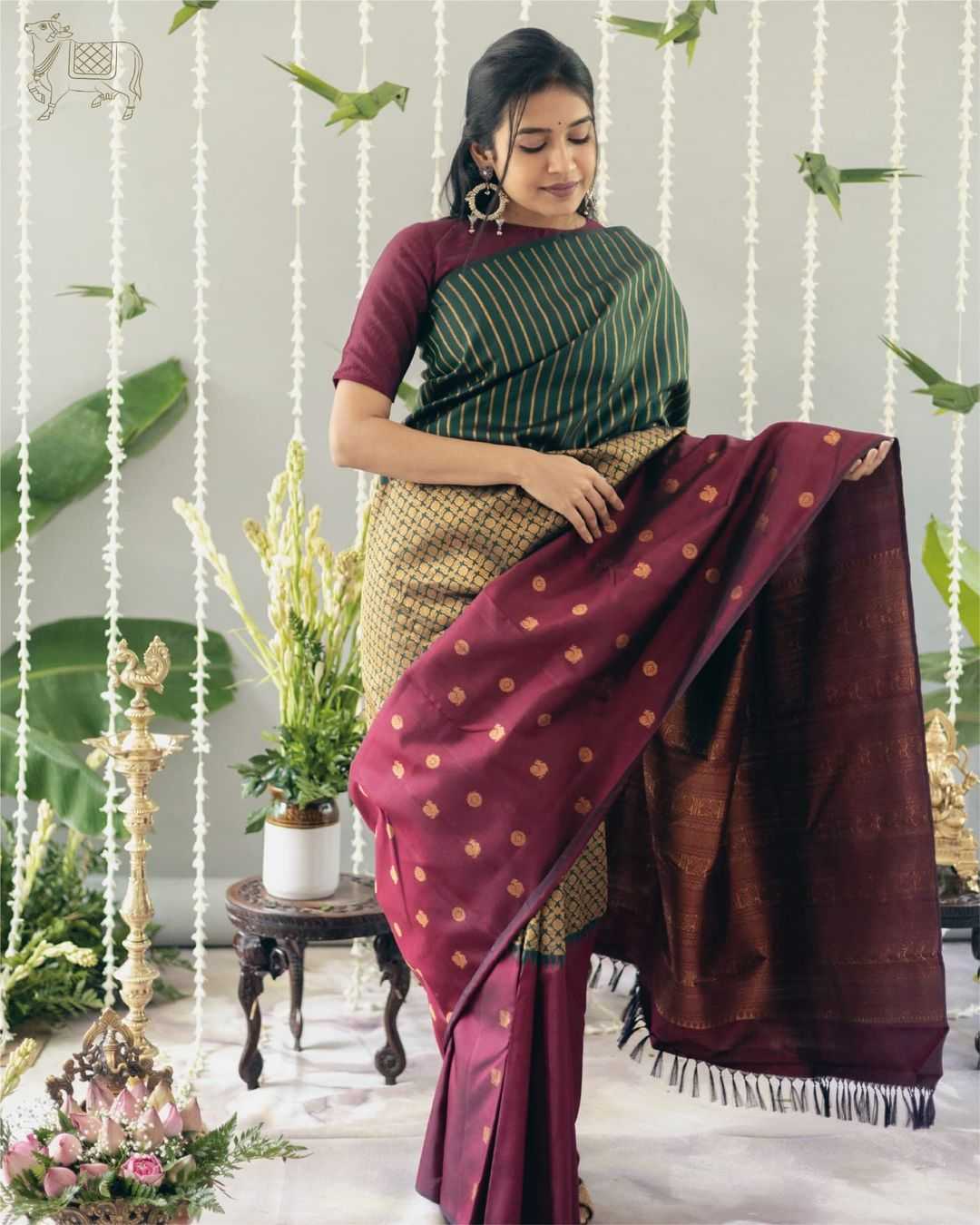 Regal Maroon Green Banarasi Jari Silken Saree with Rich Brocade & Gold Zari