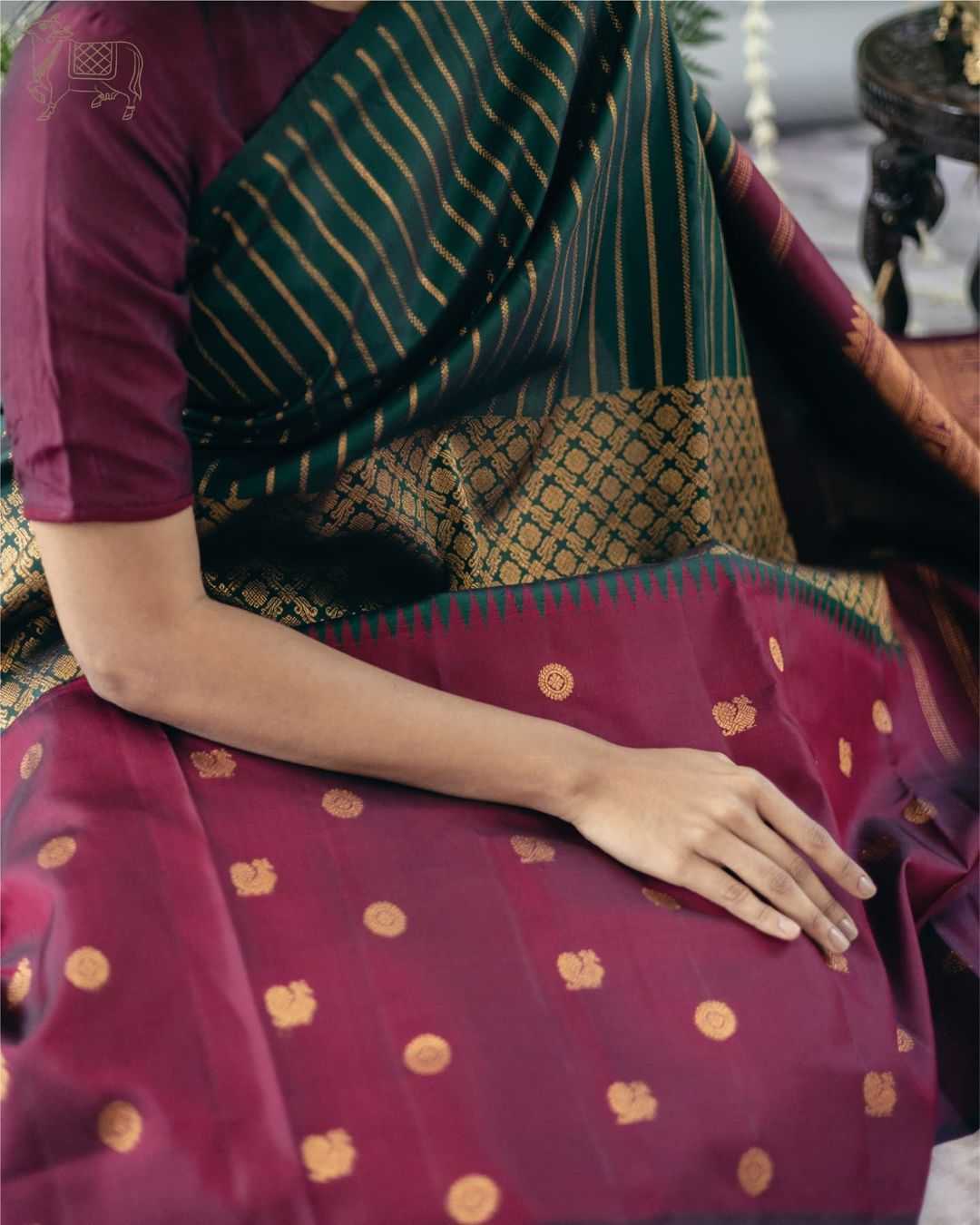 Regal Maroon Green Banarasi Jari Silken Saree with Rich Brocade & Gold Zari