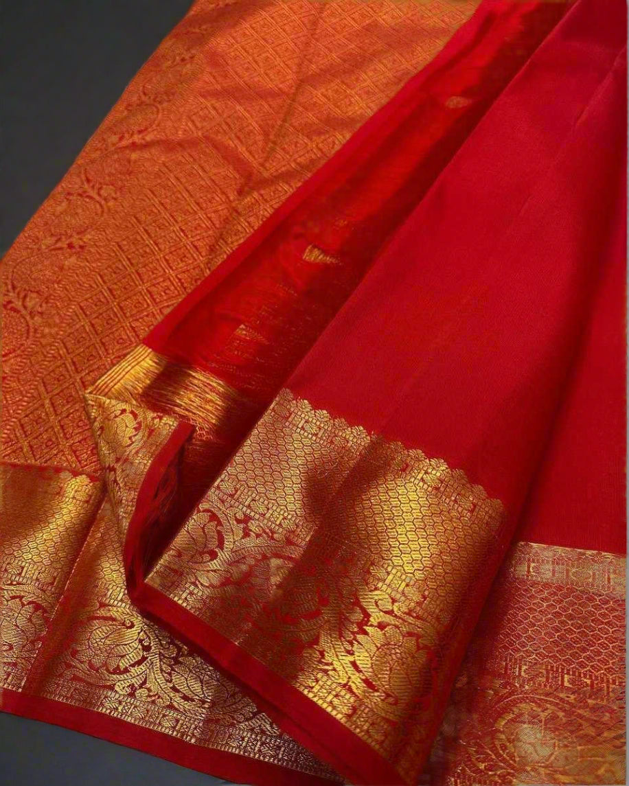 Red Banarasi Jari Silken Saree with Intricate Golden Zari – Timeless Bridal & Festive Elegance
